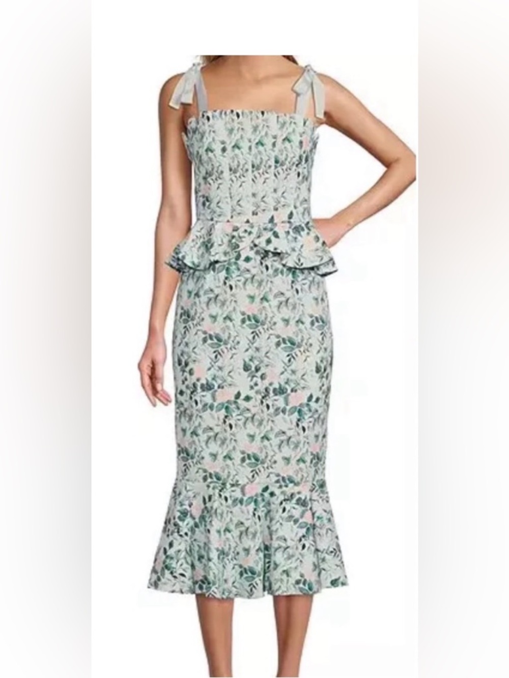 Antonio Melanie Floral Tie-Shoulder Peplum Midi Dress - Mint & Blush, Size 6